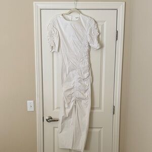 Veronica Beard White Ruched Cotton Midi Dress